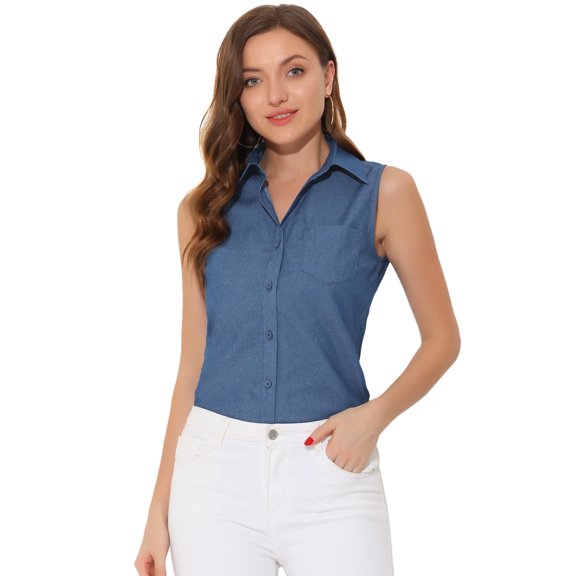 DARING DIVA Sleeveless Lapel Chambray Tunic Denim Shirt L Blue