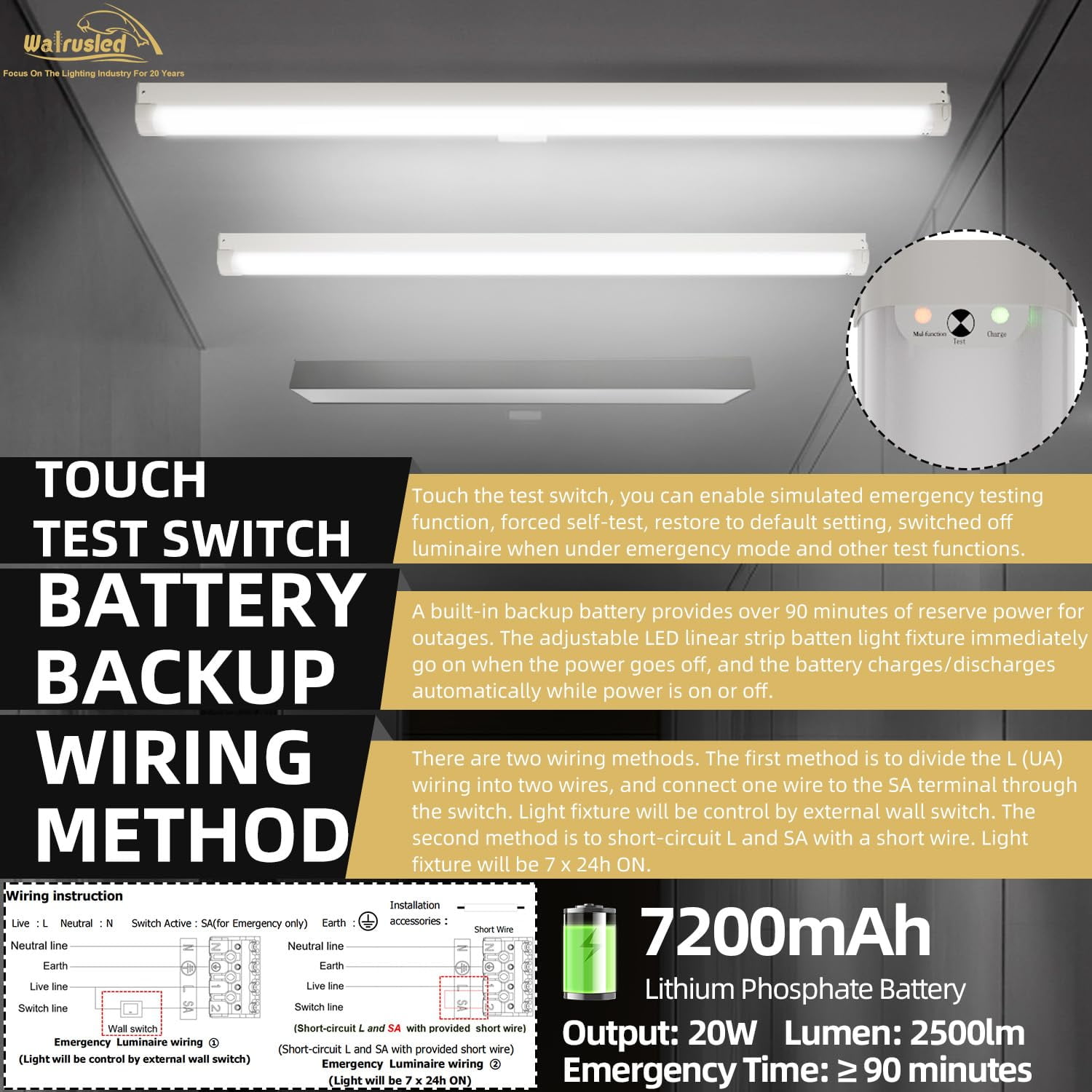 4FT LED Linear Strip Light 20W Emergency Output Battery Backup Dimmable, 3 CCT Selectable, FCC
