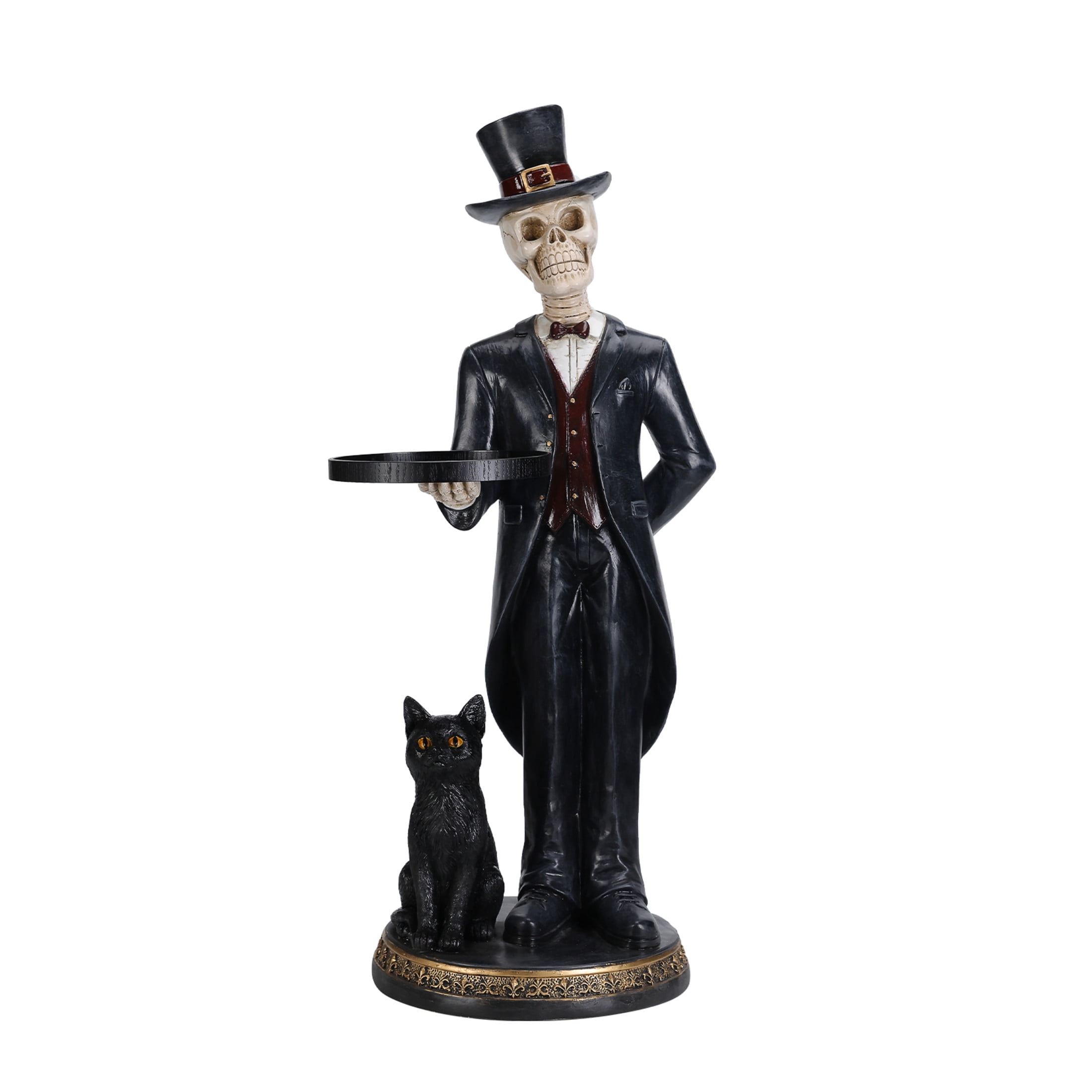 Noble House Halloween Skeleton Butler Floor Statue with Serving Tray & Black Cat, Entryway Decorative Figurine, Black