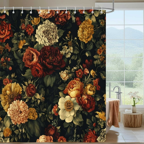 Black Floral Shower Curtain, Vintage Dark Flower Bloosom Rose Plants Bathroom Curtain, Polyester Fabric Waterproof Bath Curtain with 12 Hooks 72x72 Inch