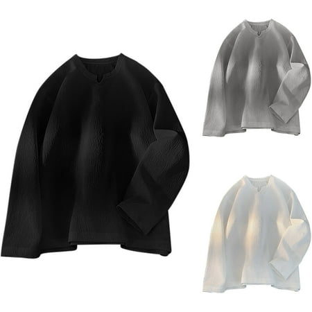 UVEASISHA Mens Long Sleeve Cotton Tshirts Loose V Neck Oversized T-Shirts Solid Color Casual Relaxed Fit Pullover Tees Big and Tall Streetwear Tops Today Sales