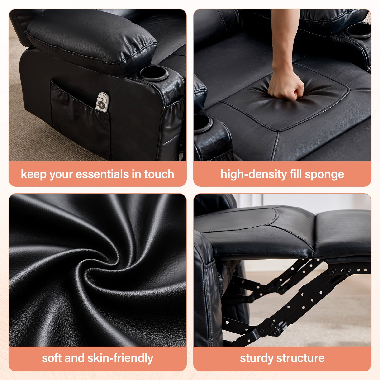 UHOMEPRO Swivel Recliner Chair for Adults, 360° Manual Swivel Rocker Recliner with Massage and Heat, 23 Inch Wide Seat, Overstuffed Armrests, Cup Holders, USB Charging Port and Storage Pockets, Black