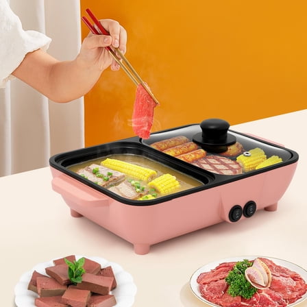 Hot Pot with Grill, Electric Hot Pot and Frying Pan, Shabu Shabu Pot with Grill, 2 in 1 Indoor NonStick Shabu Shabu Pot and Griddle, Dual Temperature Control, Fast Heating for BBQ Steaks Noodles