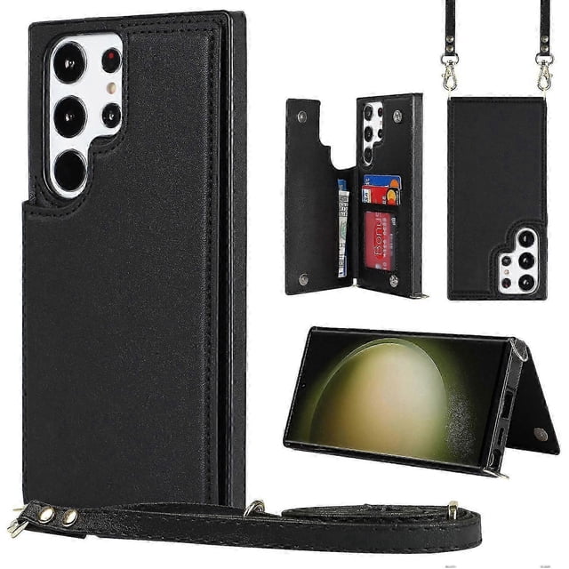 Funda tipo tarjetero cuadrada con doble hebilla y cierre cruzado para Samsung Galaxy S23 Ultra 5G (TPU+PU)