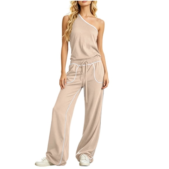 Yyuenw Women One Shoulder Matching 2 Piece, One Shoulder Sleeveless Tank Top Drawstring Wide Leg Pants Summer Casual Vacation Athleisure Set