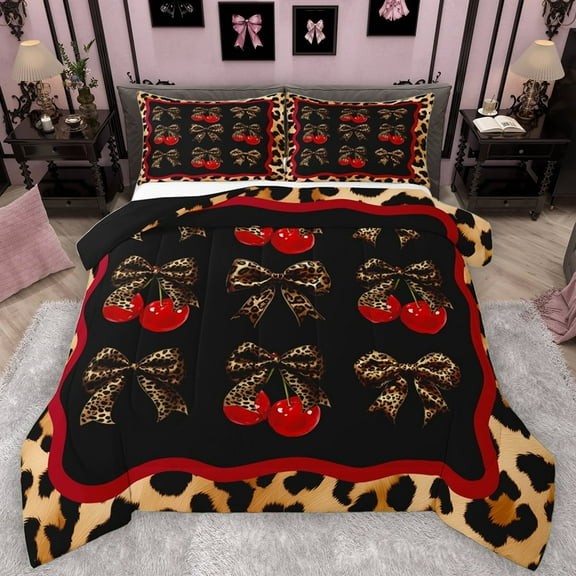 Manfei Chic Fashion Ribbon Bedding Comforter Set for Women, Bowknot Cherry Twin Comforter Sets, Cheetah Leopard Print Reversible Bedding Set, Lightweight Room Decor, 2-Piece