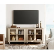 WAMPAT Mid Century Morden Style TV Stand for 75 Inch, Ample Storage Cabinet with 4 Glass Doors, Wooden Entertainment Center Storage Cabinet for Living Room & Dining Room & Bedroom, Beige