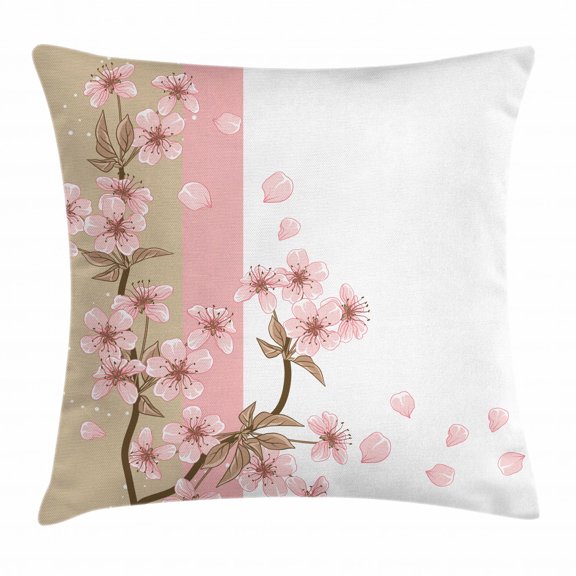 Japanese Throw Pillow Cushion Cover, Romantic Sakura Blooms Flowers Petals Spring Wind Eastern Nature Theme, Decorative Square Accent Pillow Case, 16 X 16 Inches, Sand Brown Light Pink, by Ambesonne