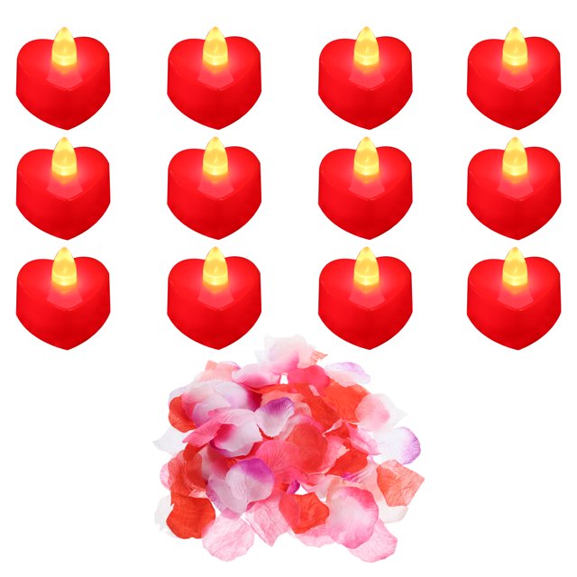 Corazón Forma LED Velas Sin Llama LED Té Luz Vela Roja Luz con Artificial Rosa Pétalos para Romántica Noche San Valentín Día Aniversario Boda Cumpleaños, 12 Paquete