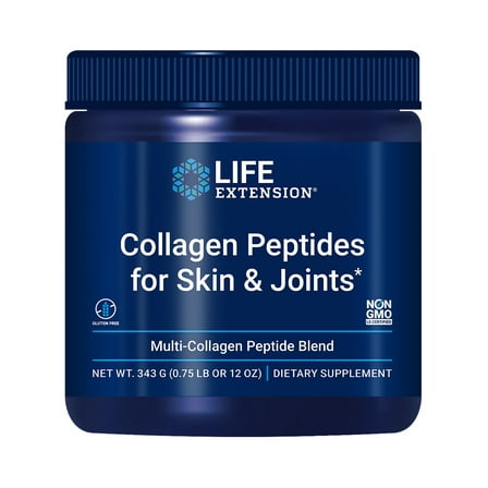 Life Extension Collagen Peptides for Skin & Joints, collagen types I, II & III in an easy-mix powder, gluten free, non-GMO, net weight 343 grams