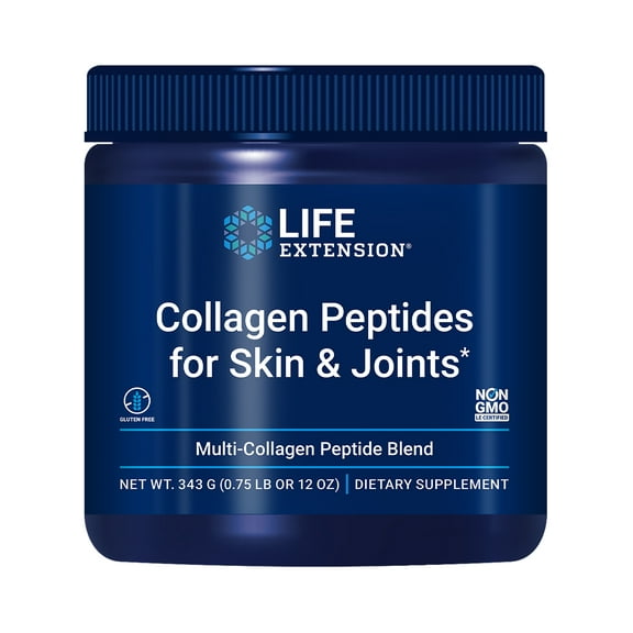 Life Extension Collagen Peptides for Skin & Joints, collagen types I, II & III in an easy-mix powder, gluten free, non-GMO, net weight 343 grams