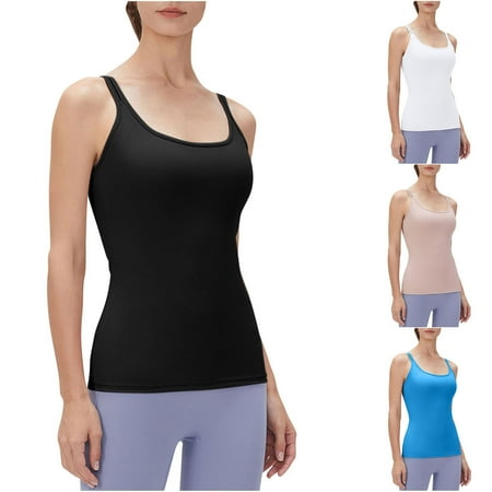 Jinhomg Womens Breathable Tank Tops Casual Sleeveless Athletic Camisole Lightweight Crew Neck Sports Shirts with Built in Bra Basic Solid Summer Undershirt White S