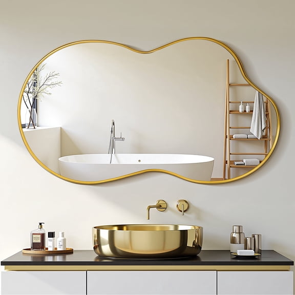 Antok 36"x24" Irregular Wall Mirror, Asymmetrical Metal Frame Bathroom Vanity Mirror, Gold