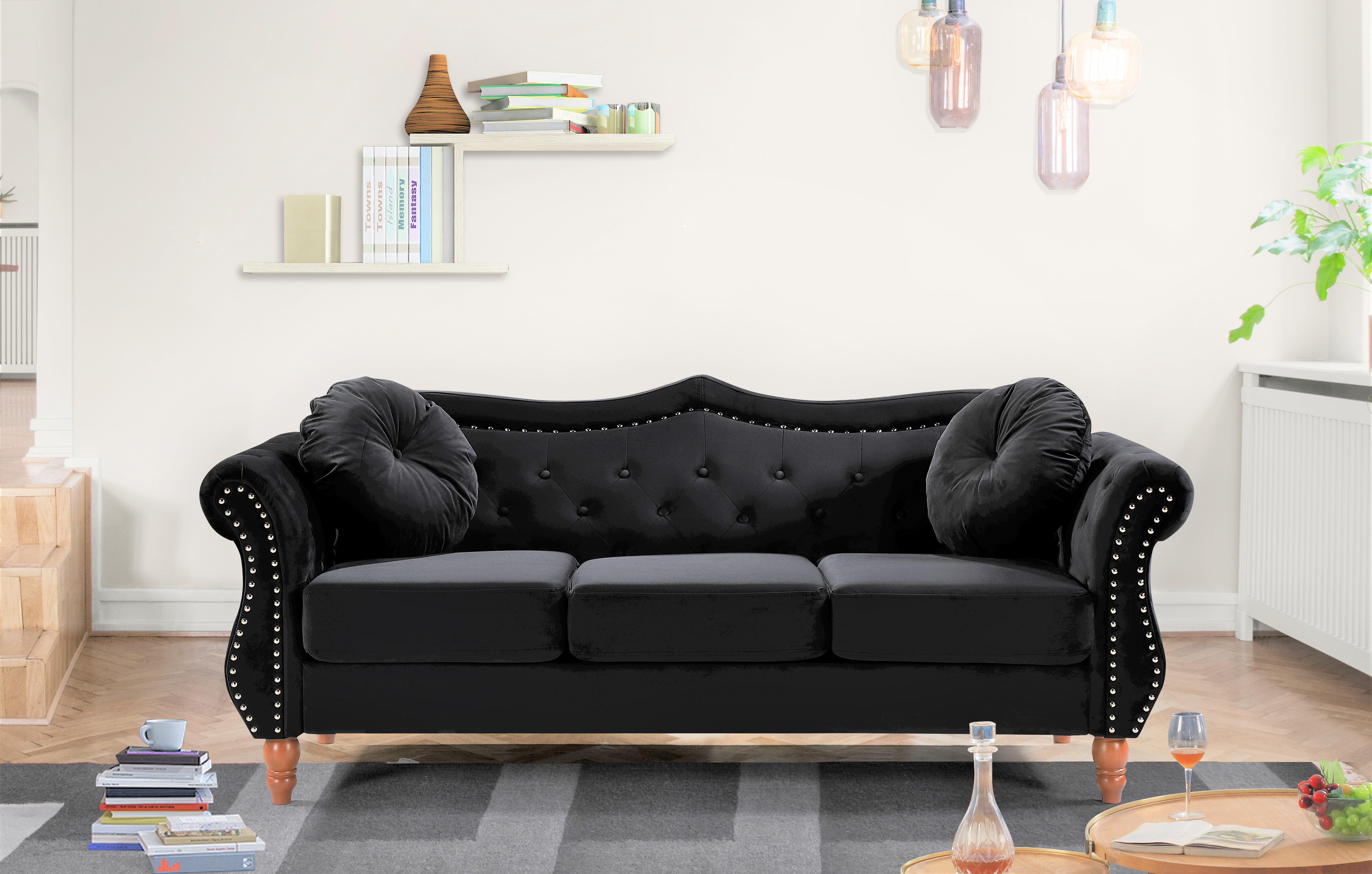 Uspridefurniture Wymore 2 Piece Velvet Living Room Set, Loveseat Sofa, Black