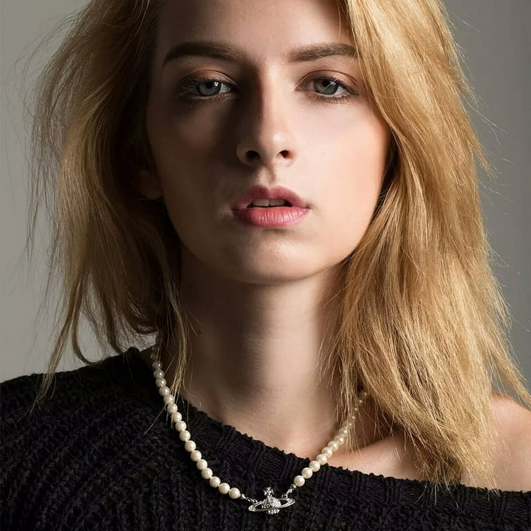 Golden Silver Saturn Pearl Necklace Diamond Necklace Pearl Bead Necklaces Crystal Rhinestone Saturn Planet Necklace for Women and Girls Golden