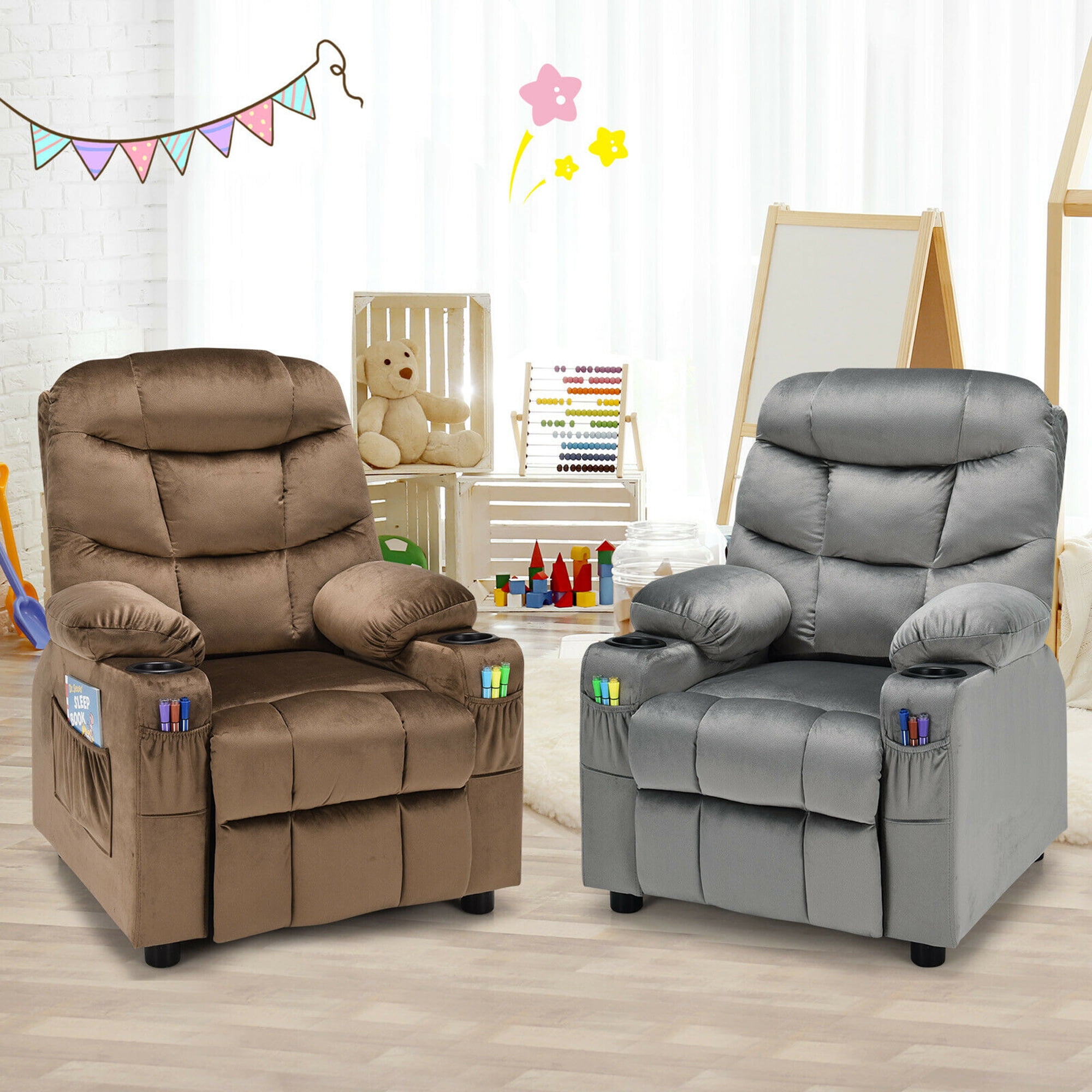Gymax Kids Youth Recliner Chair Velvet Fabric w/Cup Holder & Side Pocket Grey