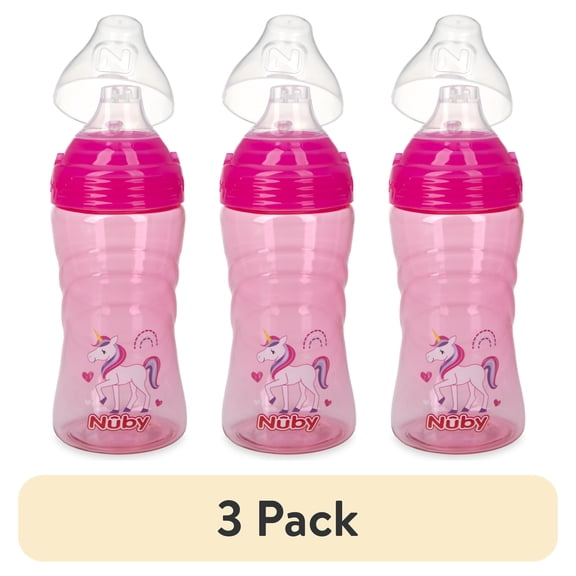 (3 pack) Nuby Thirsty Kids Sip-It Sport Soft Spout Water Bottle, 12 Months, Pink, 12 oz