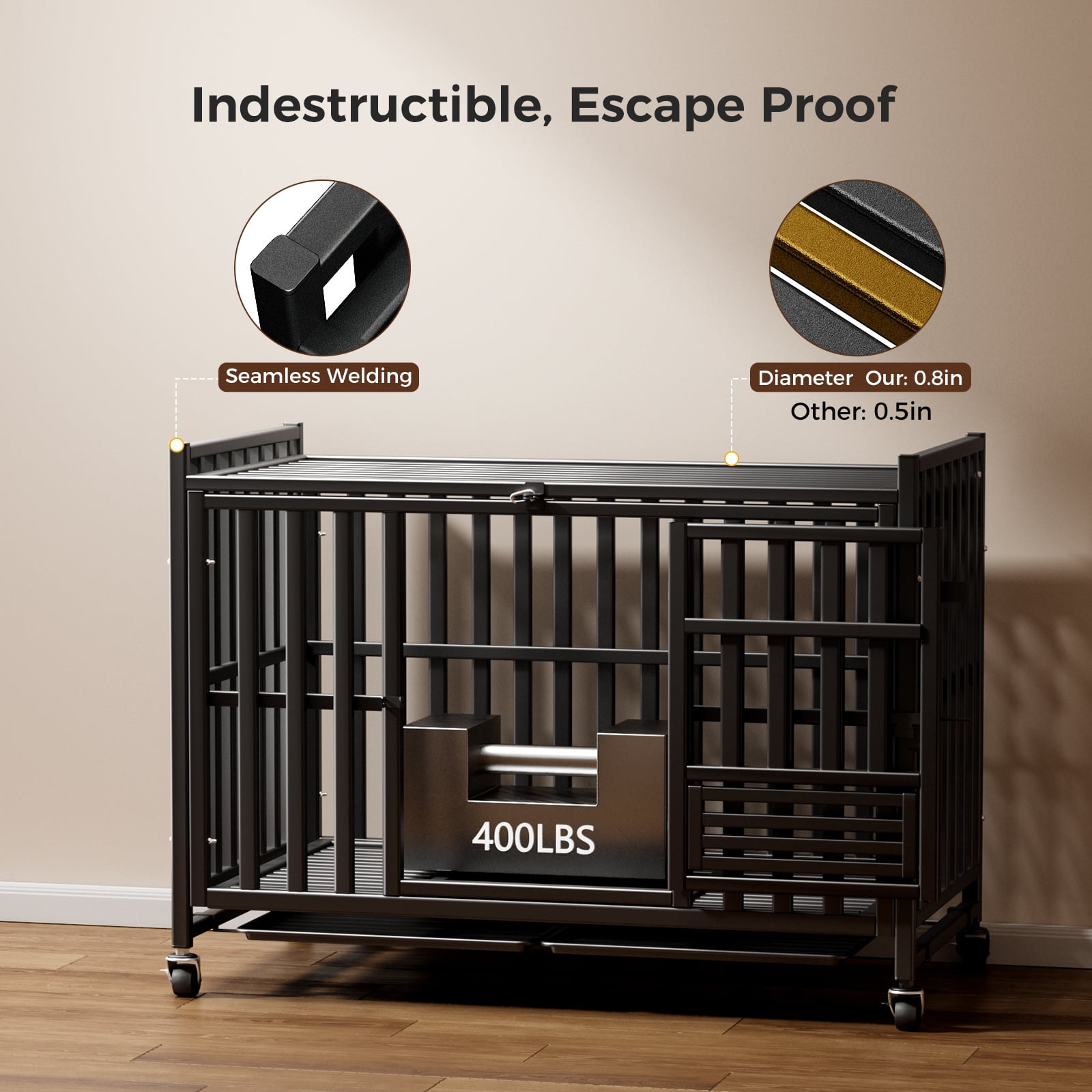 Heavy Duty Dog Crate 43 Inch, Escape-Proof Indestructible Cage for High-Anxiety Dogs, 3-Door Kennel with 4 Lockable Wheels and 2 Removable Trays Ideal for Large & Medium Breeds