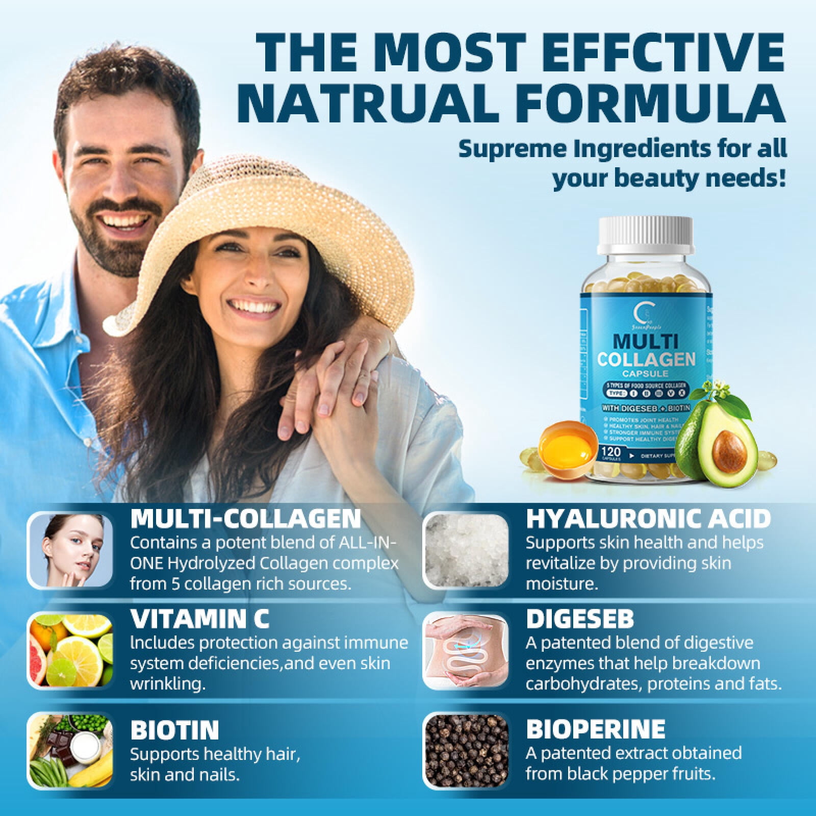 (2 PACK) Multi Collagen Capsules with Biotin & Vitamin C - 5 Types (I, II, III, V, X) - 120 Capsules