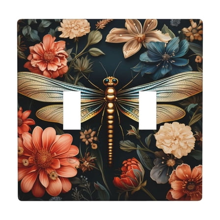 2 Gang Double Toggle Wall Plate Light Switch Cover Wallplate - Retro Dragonfly and Flower art