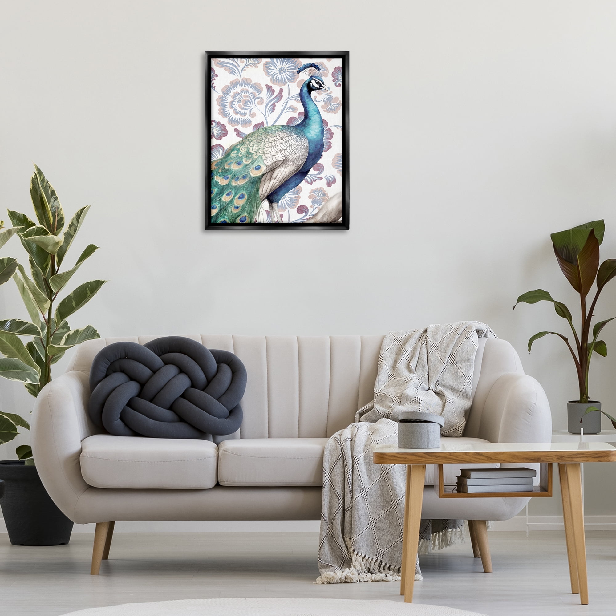 Stupell Industries Peacock on Vintage Florals Animals Painting Black Floater Framed Canvas Art Print Wall Art, 25 x 31