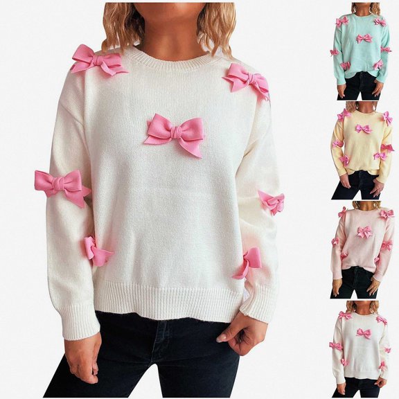 Teylalorva Sweater for Women Crew Neck Embellished Loose Long Sleeve Pullover With Unique Decor White Size M