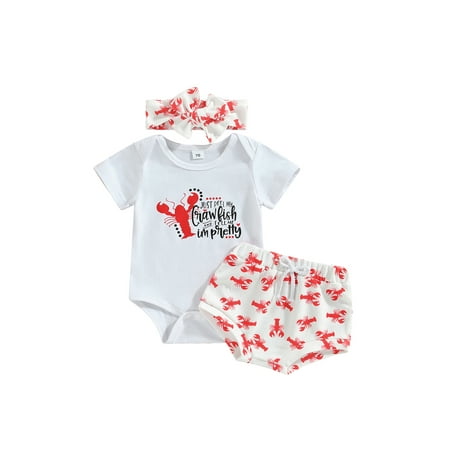 

Mieeyali Infant Baby Girl Summer Jumpsuit Set Letter Print Short Sleeve Romper + Lobster Pattern Shorts + Bow Headband