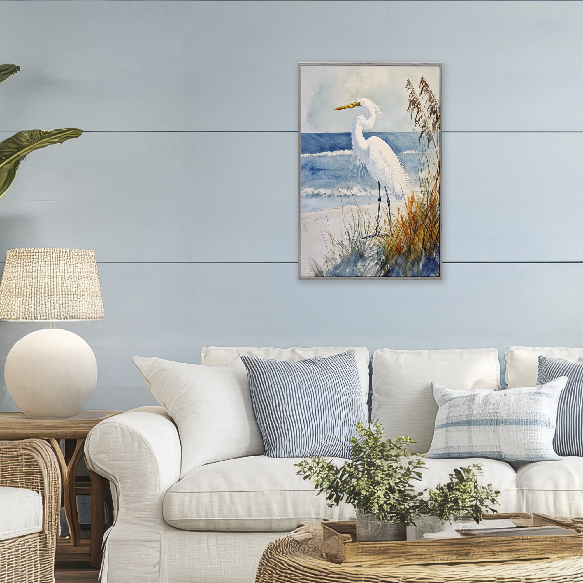 Stupell Industries Egret By The Waves Gray Framed Giclee Art, design by Petal Prints Design