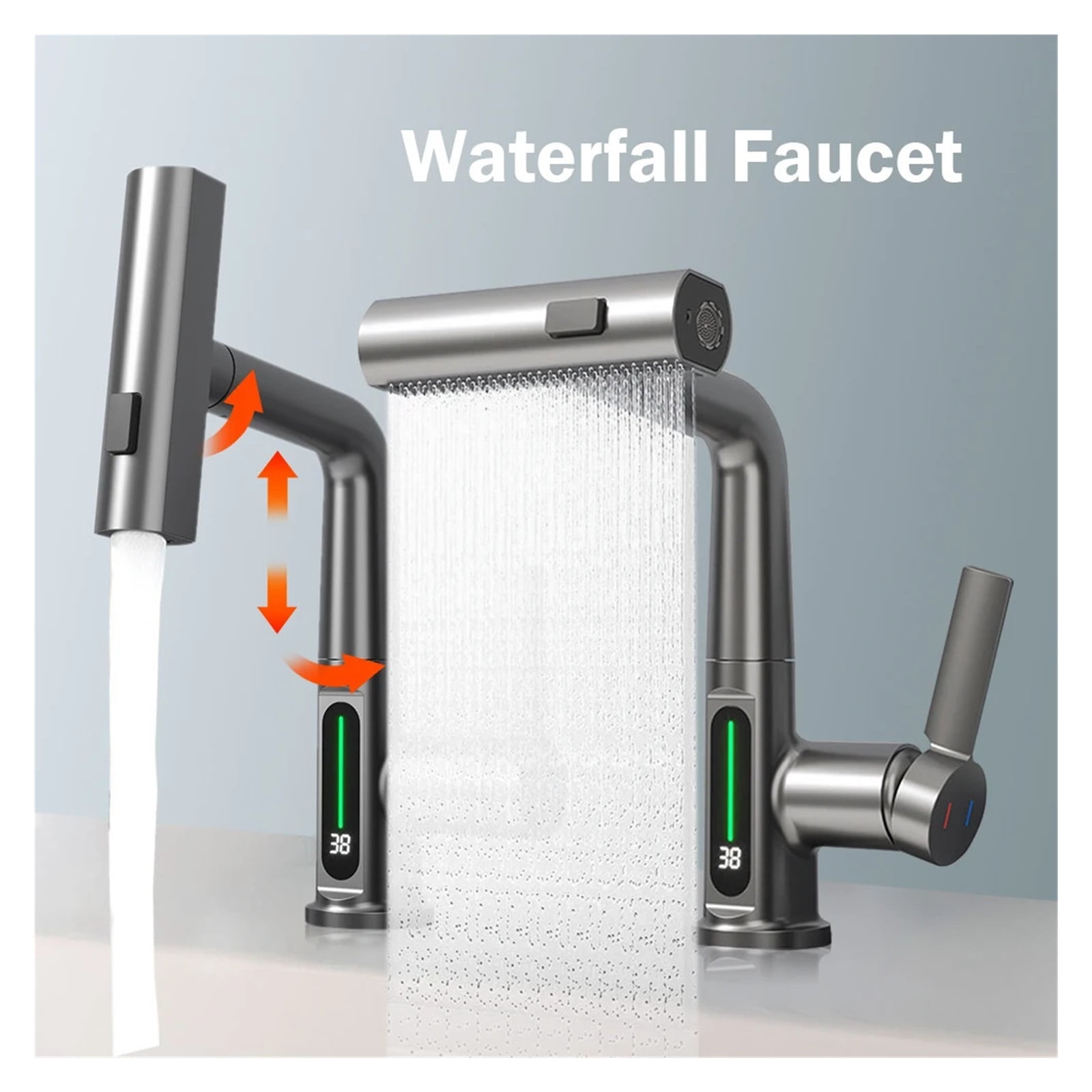 Waterfall Basin Faucet Pull-Out Kitchen & Bathroom Faucet, Rainfall Temperature Digital Display No Battery SUS604 Stainless Steel