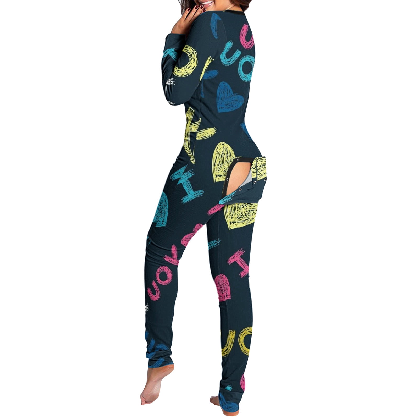 TAIAOJING Women Onesie Pajamas Button-Down Jumpsuit Love Print Suit ...