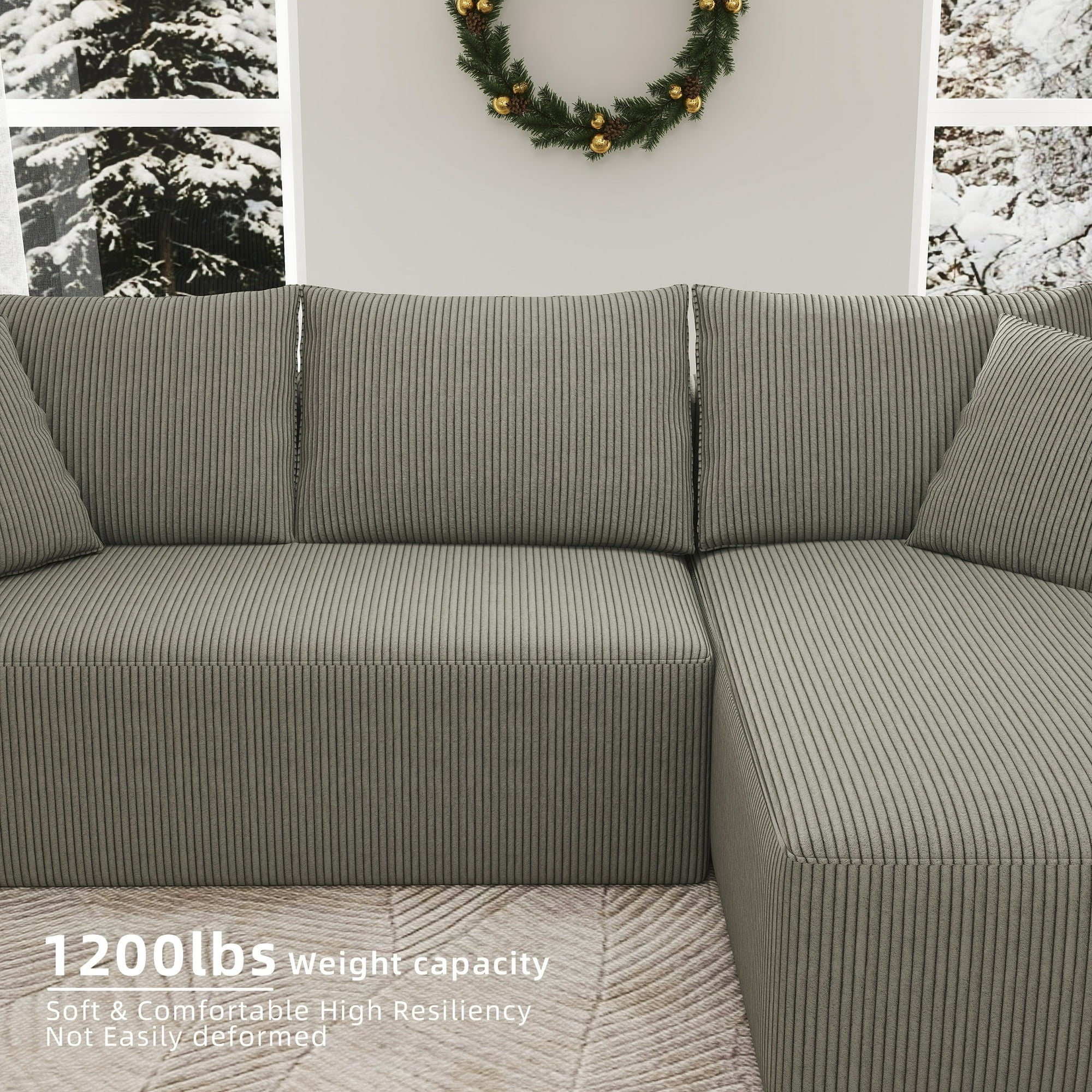 AENKYO 104 Modular L-Shaped Sectional Sofa with Chaise Lounge, Cloud Couch Deep Seat, Corduroy Upholstered Living Room Furniture, No Assembly Required, Gray