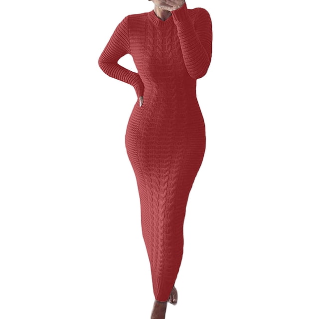 WTXUE Robe à Manches Longues, Chandail Automne et Hiver Robe en Laine à Manches Longues, Robe en Lin, Robes Rouges pour Femmes, Rouge Melon D\'eau L