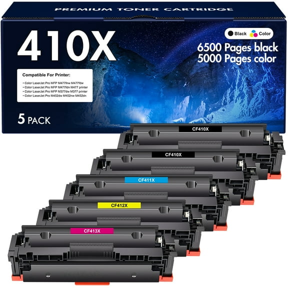 410A 410X High Yield Toner Cartridge Compatible for HP 410X CF410X 410A CF410A Color Laserjet MFP M477fnw M477fdw M477fdn M452dn M452nw M452dw M377 M477 M452 Printer Ink 5-Pack