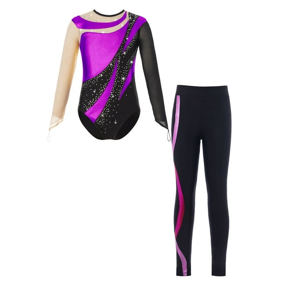 YIZYIF Kids Girls Gym Suit Metallic Mesh Patchwork Long Sleeve Leotard with Striped Pants Dance Skating Outfit Purple 8