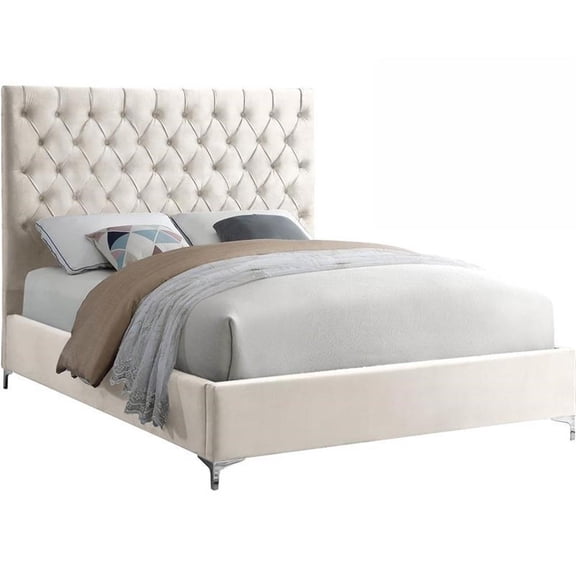 Maklaine Contemporary Solid Wood Tufted Velvet Full Bed in Cream