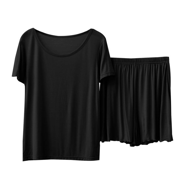 VISALY Pajama Short Sets Women, Women's Shorts Short Sleeves Casual Two-Piece Pajamas Leisure Suit Women Loose Trendy Women's, Womens Sleepwear Set Sleepwear Sets Womens Pajama Shorts, Black,L