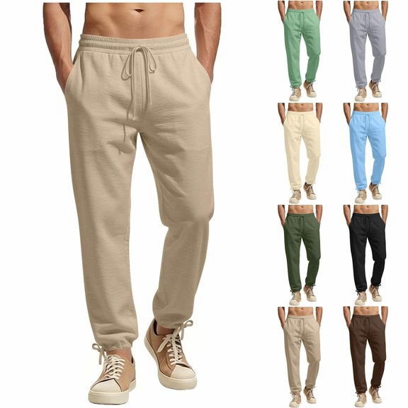 KeShDi Mens Linen Pants Baggy Sweatpants Men's Casual Solid-Color Stretch Waist Drawstring Pocket Cuffed Drawstring Pants Brown 2X