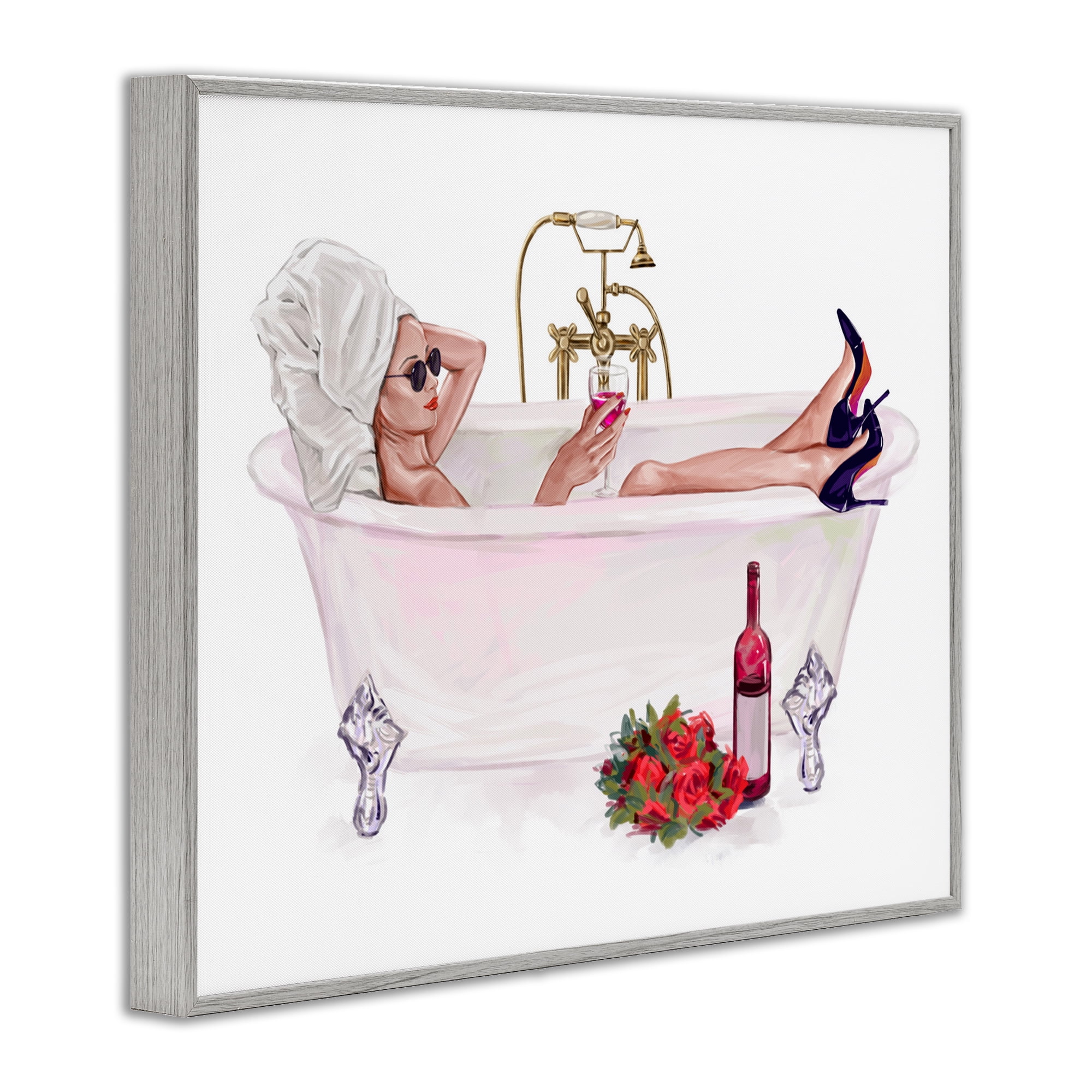 Woman with Wine Bath Gray Framed Giclee Art, design by Ziwei Li