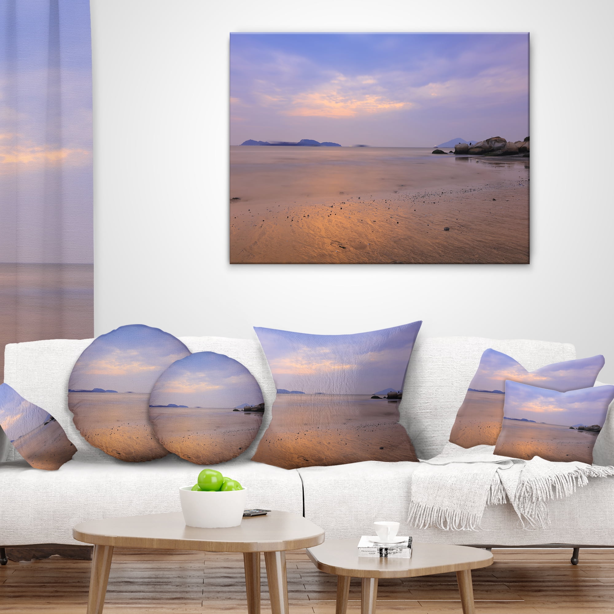 Designart Yellowish Sunset at Lung Kwu Tan Coastline - Landscape Printed Throw Pillow - 18x18