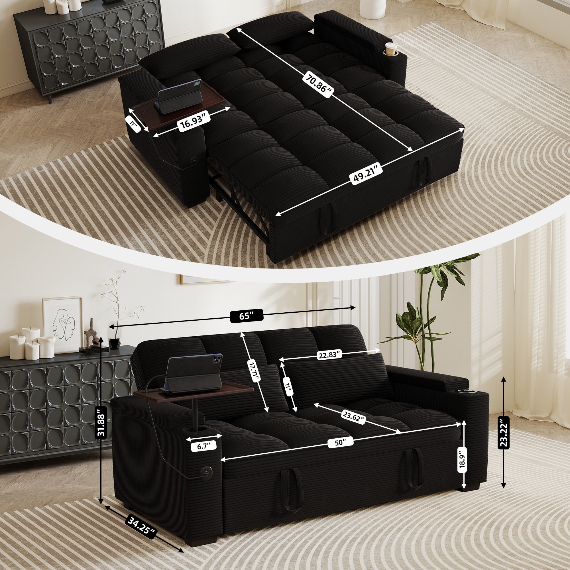 Aukfa 65"W Convertible Sofa Bed with Storage, 3-in-1 Corduroy Queen Sleeper Sofa Couch with 360° Swivel Side Table & USB /Type-C Ports,Black