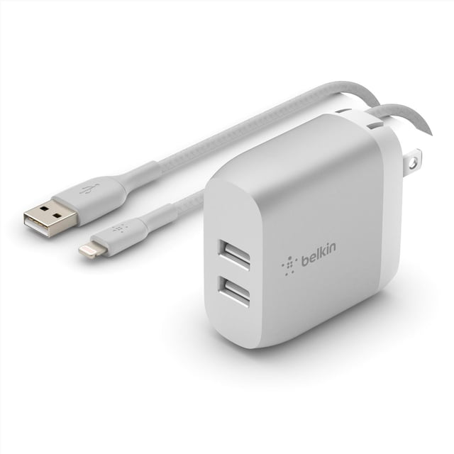 Cargador De Pared 2 Puertos USB A con cable Lightnig Belkin plateado