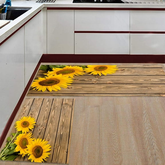 Kitchen Rugs Sets 2 Piece Floor Mats 3 Sunflower on The Wooden Table Doormat Non-Slip Rubber Backing Area Rugs Washable Carpet Inside Door Mat Pad Sets (15.7" x 23.6" 15.7" x 47.2")