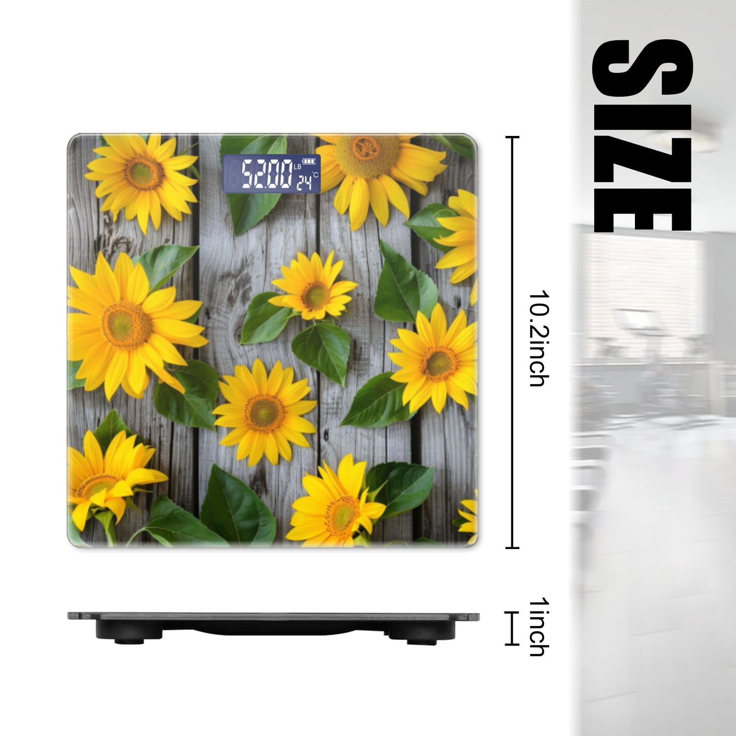 Bathroom Scale, Highly Accurate Digital Body Scale,Precisely Measures Weight up to 400 lbs-Wall Of Sunflowers With Green Leaves On Wooden Background