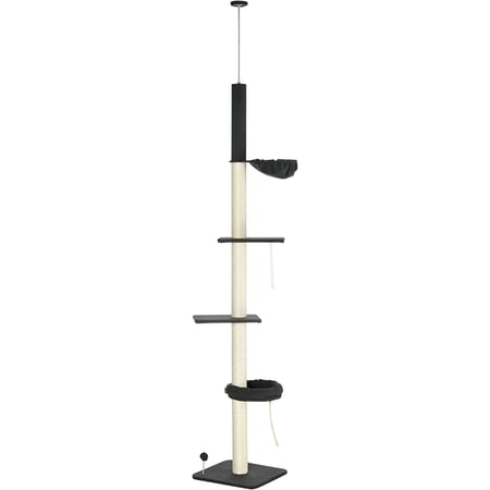 PawHut Floor to Ceiling Cat Tree, 5-Tier Cat Climbing Tower, 95''-106'' Height Adjustable with Carpeted Platforms, Cozy Bed, Hammock, Scratching Post & Toy Ball for Indoor Cats, Black and Cream