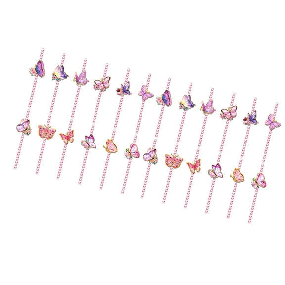 24pcs Butterfly Themed Drinking Straws Decorative Beverage Stripe Paper Straws for Gatherings Parties Supplies
