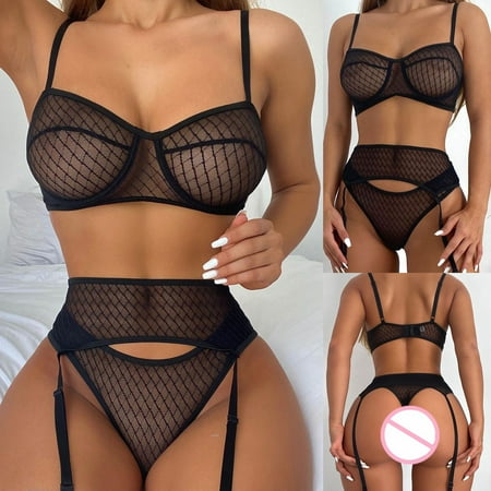 

+ Thong Mesh Lingerie + Suit 3pcs Ladies Bra Garter Push up Bra Lingerie Set Cutout Lingerie Bridal Lingerie for Women