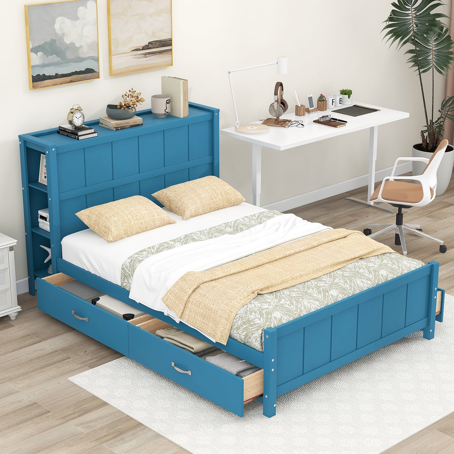Kepooman Full Size Platform Bed Wood Bed Frame with Drawers and Storage Shelves, Blue Kepooman Full Size Platform Bed Wood Bed Frame with Drawers and Storage Shelves, Blue