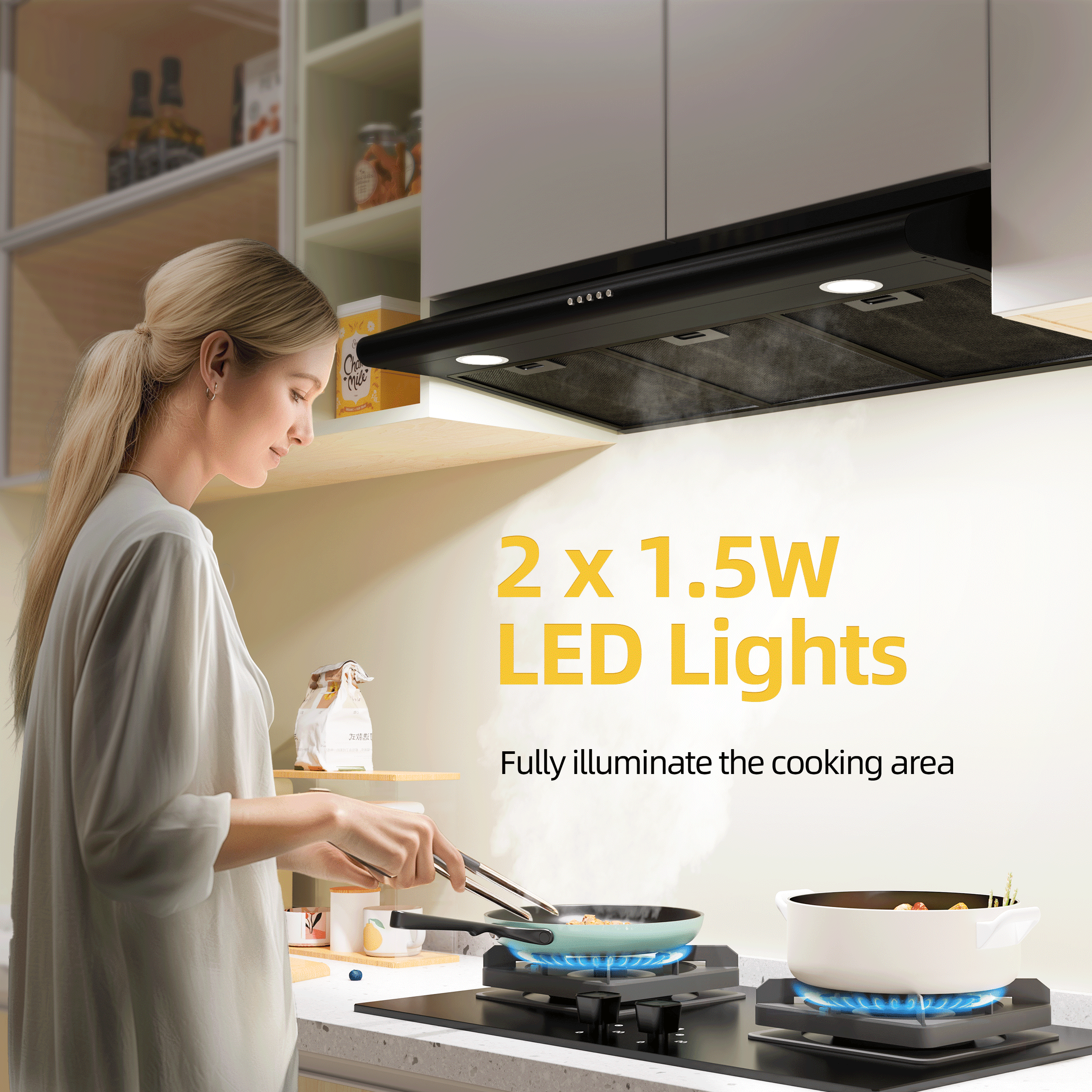 FIREGAS 36 inch Under Cabinet Range Hood 300CFM with Ducted/Ductless Convertible, Slim Kitchen Over Stove Vent, 3 Speed Exhaust Fan, Reusable Aluminum Filters, Push Button, Black