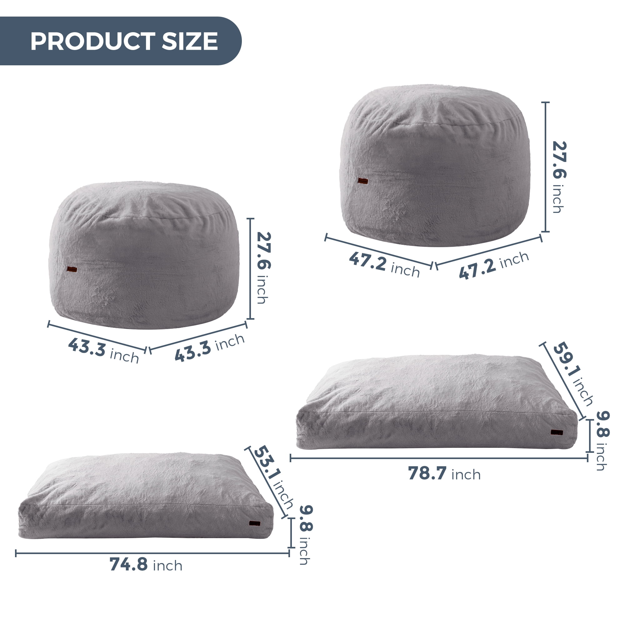 BYBYME Giant Convertible Indoor Bean Bag Bed, Grey