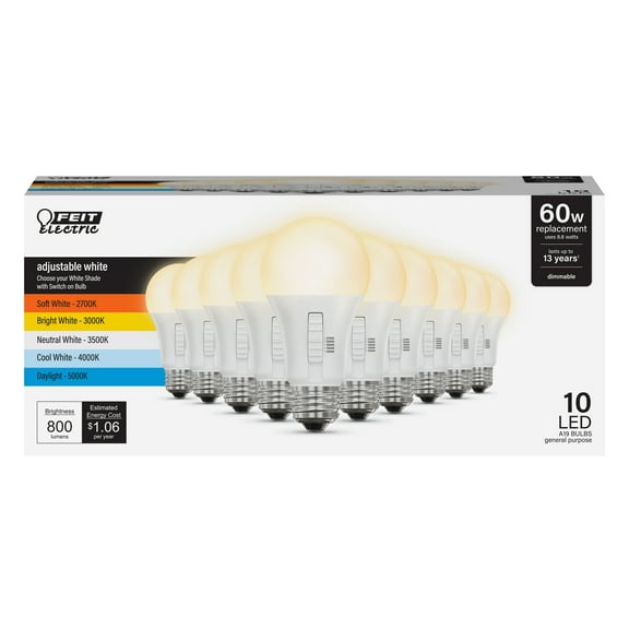 Feit Electric A19 LED 8.8W (60W Equivalent) Selectable Color, Medium E26 Base, Dimmable Light Bulb 10 Pack
